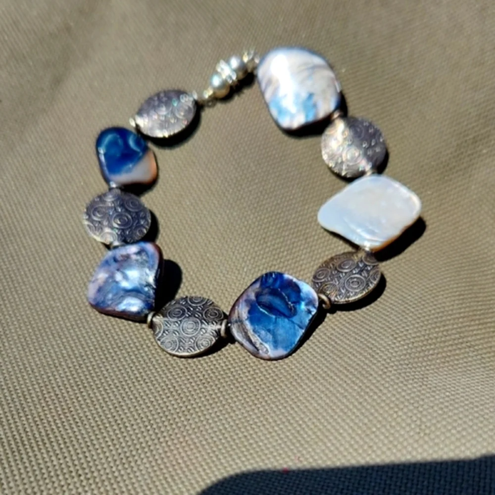 Handmade Oyster Shell & Embossed Spheres Bracelet  Size 7-8